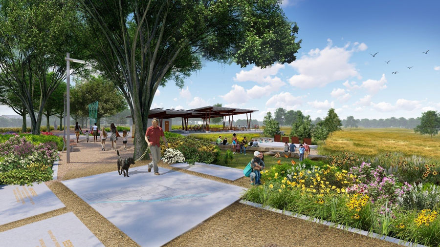 A central alameda (shaded promenade) and amphitheater feature pollinator friendly plantings in conjunction with the community facilities. Credit Dig Studio. A central alameda (shaded promenade) and amphitheater feature pollinator friendly plantings in conjunction with the community facilities. Credit Dig Studio.