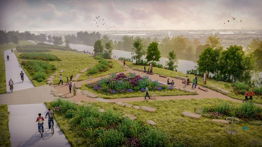 A new connection to the South Platte trail and access to the riverfront, complete with pollinator habitat and places for people to pause and enjoy the open space. Credit Dig Studio. A new connection to the South Platte trail and access to the riverfront, complete with pollinator habitat and places for people to pause and enjoy the open space. Credit Dig Studio.