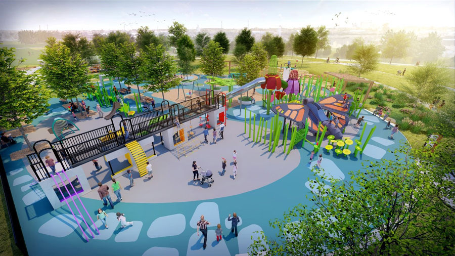 Dig Studio incorporated elements of the butterfly life-cycle and pollinator habitat into the painted lady butterfly themed custom playground. Credit Dig Studio and Monstrum. Dig Studio incorporated elements of the butterfly life-cycle and pollinator habitat into the painted lady butterfly themed custom playground. Credit Dig Studio and Monstrum.