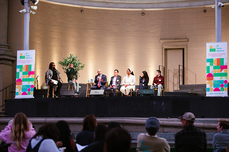 Pictured: In 2022, SF Parks Alliance hosted the Public Space Forum, a gathering of candidates for the San Francisco Board of Supervisors to discuss their policies and answer audience questions. This event was a first step into advocacy work for the SF Parks Alliance. Photo courtesy of SF Parks Alliance.
