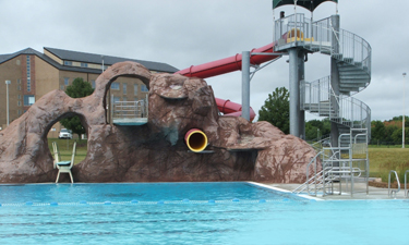 Zip lines and surfing features appear at public pools. Zip lines and surfing features appear at public pools.