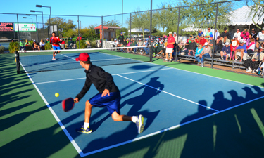 A championship pickleball game draws a crowd at the USAPA 2012 National Tournament in Buckeye, Arizona. A championship pickleball game draws a crowd at the USAPA 2012 National Tournament in Buckeye, Arizona.