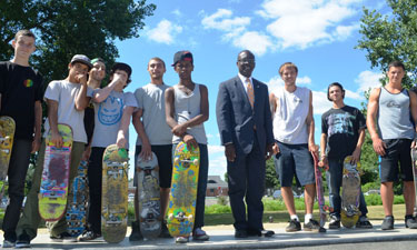 Buffalo Mayor Byron Brown gets to know some of the skaters at Skate Plaza, which recently opened at Buffalo’s waterfront LaSalle Park.