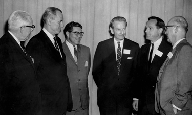 Laurance S. Rockefeller (third from right) with the leaders of the organizations that merged to form NRPA. Left to right: Frank McInnis, Frank Vaydik, Stuart G. Case, James H. Evans and Conrad L. Wirt Laurance S. Rockefeller (third from right) with the leaders of the organizations that merged to form NRPA. Left to right: Frank McInnis, Frank Vaydik, Stuart G. Case, James H. Evans and Conrad L. Wirt