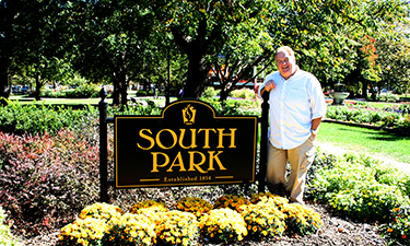 Jim O’Heir, known fondly for his role as Jerry Gergich in the hit television show “Parks and Recreation,” stands next to the entrance sign for South Park, Lawrence’s first established park. Jim O’Heir, known fondly for his role as Jerry Gergich in the hit television show “Parks and Recreation,” stands next to the entrance sign for South Park, Lawrence’s first established park.