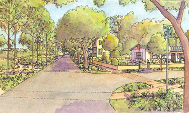 Here, a rural streetscape is improved to encourage walking by adding sidewalks and attractive pathways to a nearby park. Here, a rural streetscape is improved to encourage walking by adding sidewalks and attractive pathways to a nearby park.