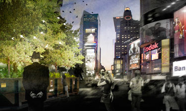 An artistic rendering of the temporary PopUp Forest installation Urban Ecologist Marielle Anzelone is planning for Times Square in 2017. An artistic rendering of the temporary PopUp Forest installation Urban Ecologist Marielle Anzelone is planning for Times Square in 2017.